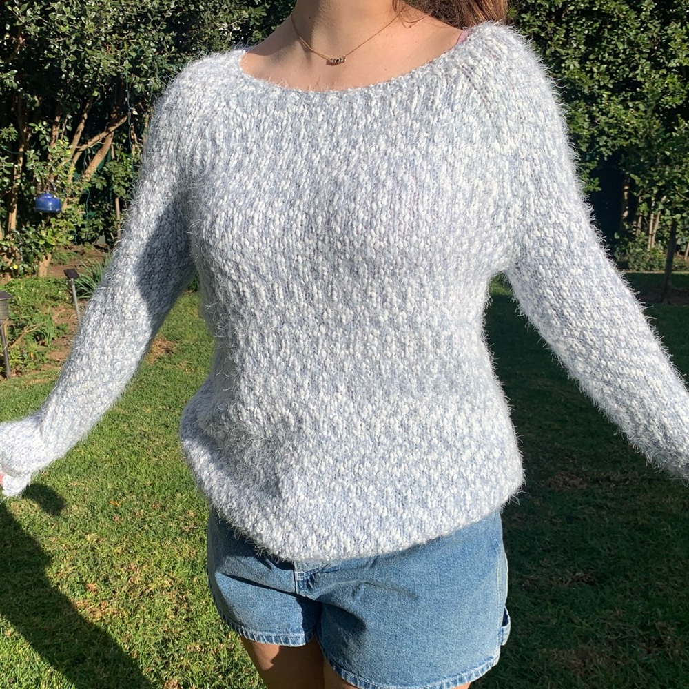 White and blue fuzzy sweater!